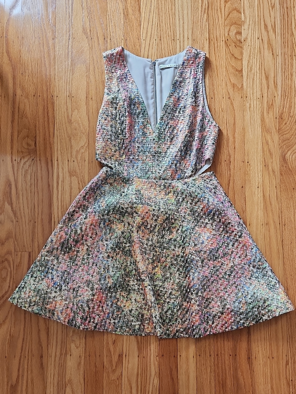 Alice + Olivia Varita Pastel Multicolor V-Neck Fit-and-Flare Mini Dress- Small